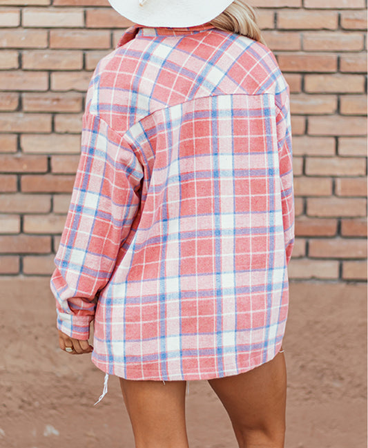 Pink Plaid Flap Pocket Button Up Shacket