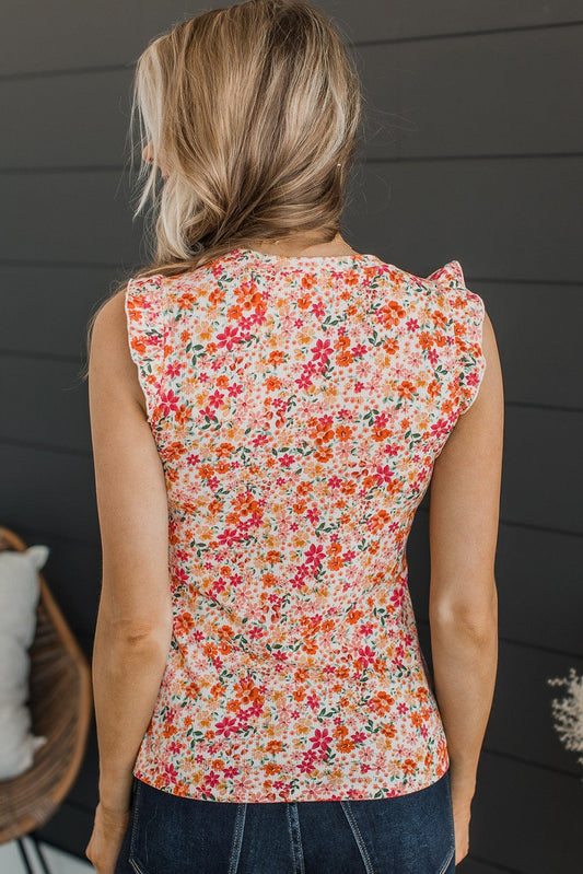 Red Floral Ribbed Knit Frill Tank Top