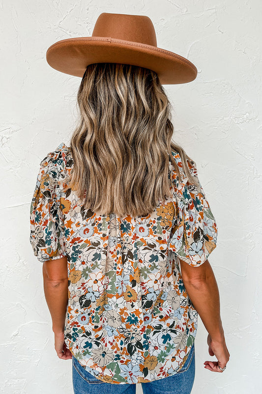 Split V Neck Puff Sleeve Flower Print Blouse