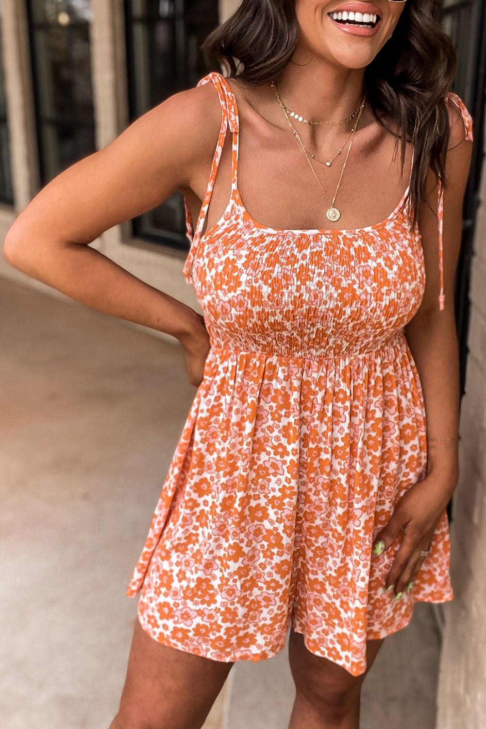 Boho Floral Print Shirred Thin Straps Romper