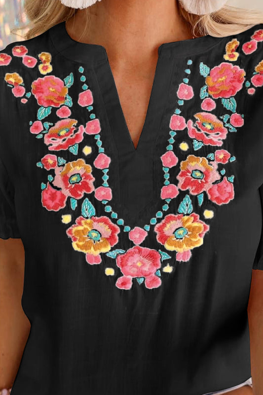 Black Floral Embroidered Ruffled Puff Sleeve Blouse