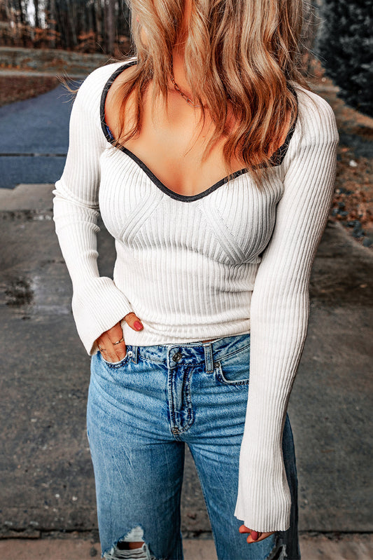 Contrast Stitching Neckline Ribbed Sweater