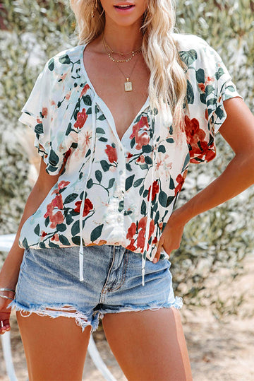 White Floral Print Buttons Tiered Ruffled Short Sleeve Shirt