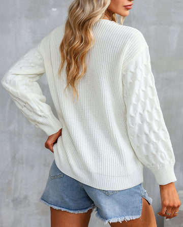 Cable Puff Sleeve Lace V Neck Sweater