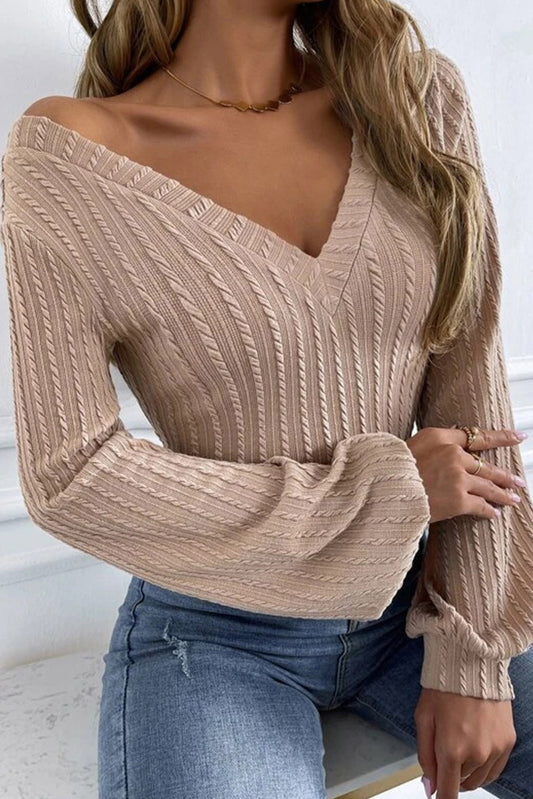 Khaki Solid Lantern Sleeve V Neck Tee