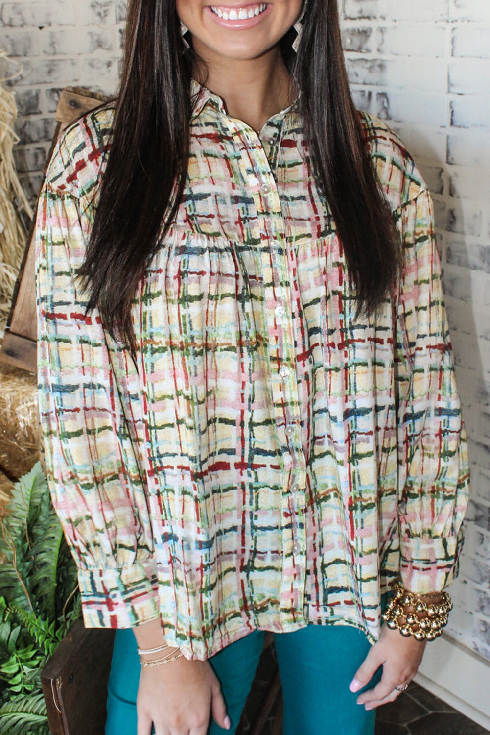Plaid Pattern Puff Sleeve Button up Shirt