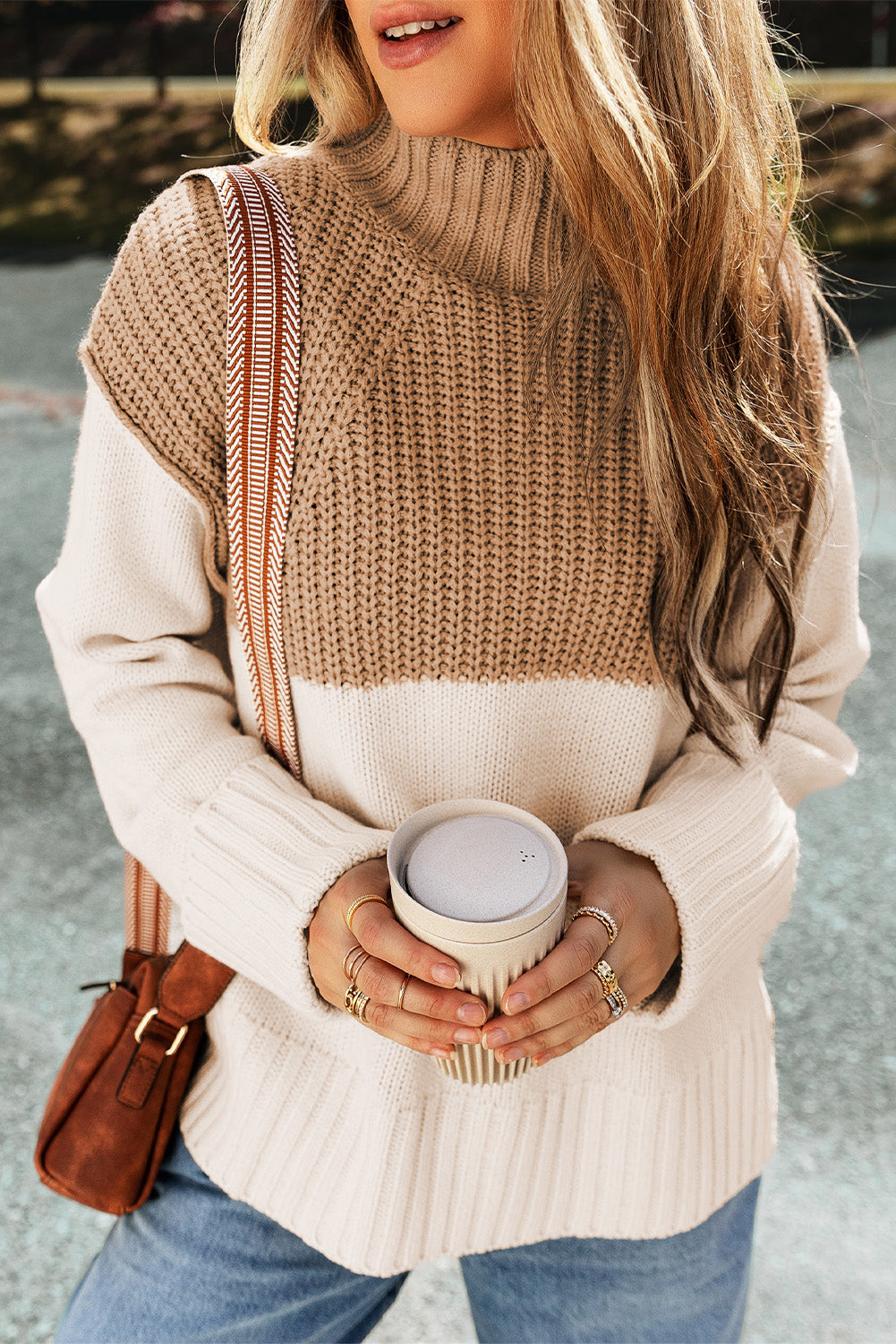 Knit Color Block Side Splits High Neck Sweater