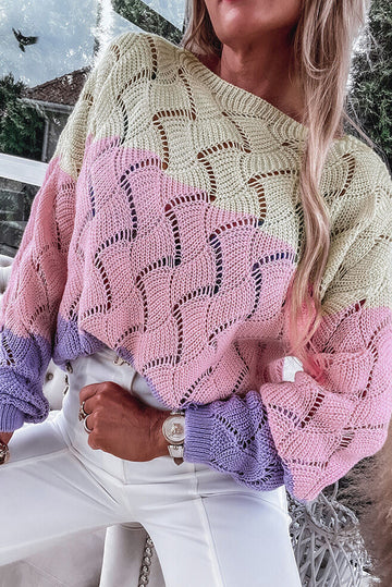 Color Block Hollow Knitted Loose Sweater