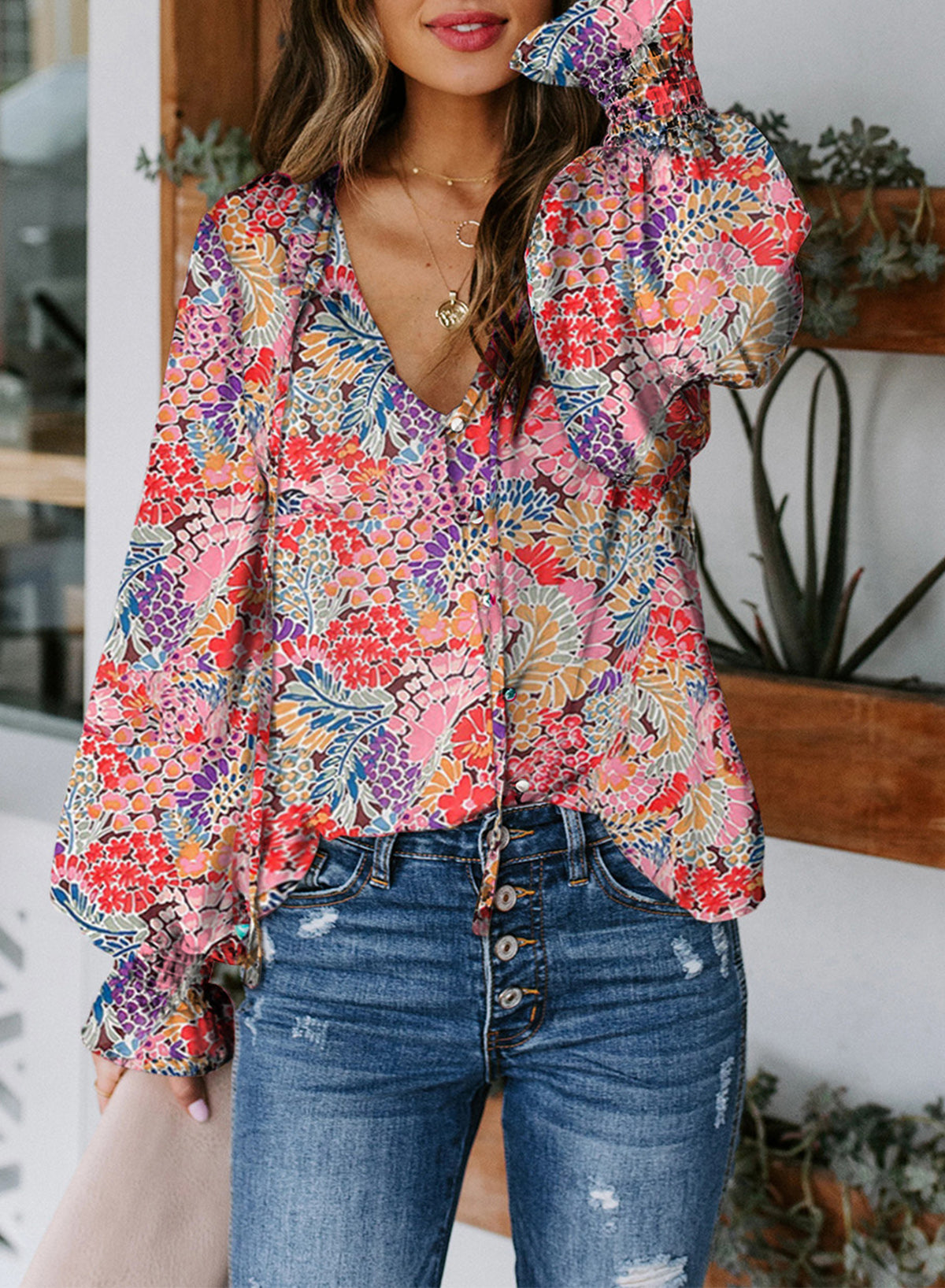 Red Cakewalk Floral Smocked Blouse
