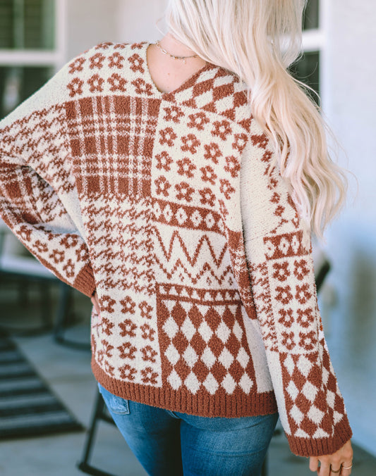 Mixed Pattern V-Neck Oversized Sweater