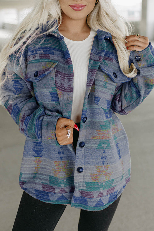 Western Aztec Print Button Flap Pocket Shacket