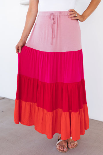 Pink Color Block Tiered Drawstring High Waist Maxi Skirt