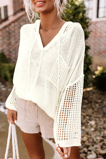 Open Knit Long Sleeve Pocketed Hooded Sweater