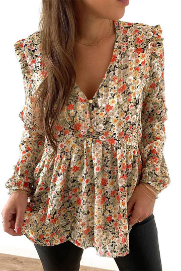 V Neck Ruffled Babydoll Floral Blouse