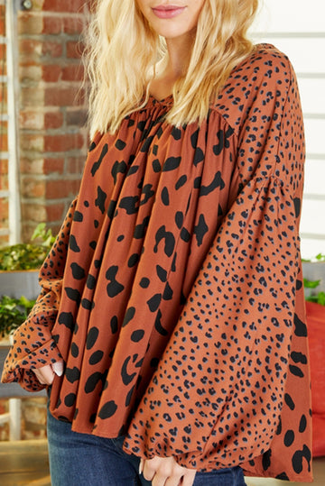 Contrast Leopard Print Bubble Sleeve Blouse