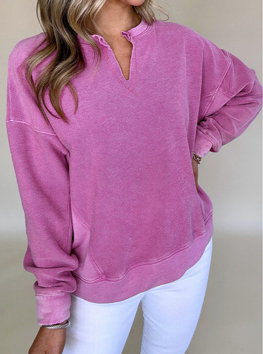 Solid Color Notched Neck Drop Shoulder Sweatshirt