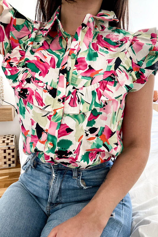 Pink Floral Print Ruffled Sleeveless Shirt