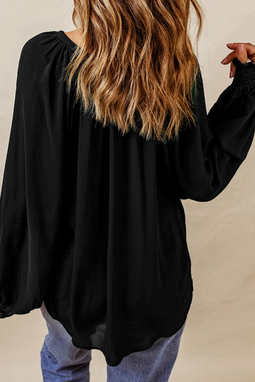 Pleated V Neck Puffy Sleeve Blouse
