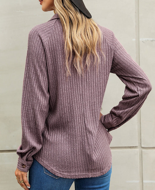 Button Flap Pocket Ribbed Knit Shacket
