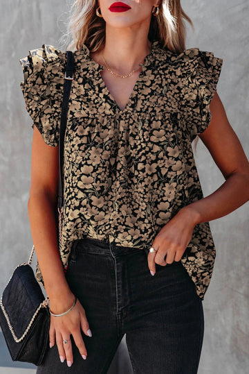 Khaki Floral Print Tiered Flutter Sleeve V Neck Top