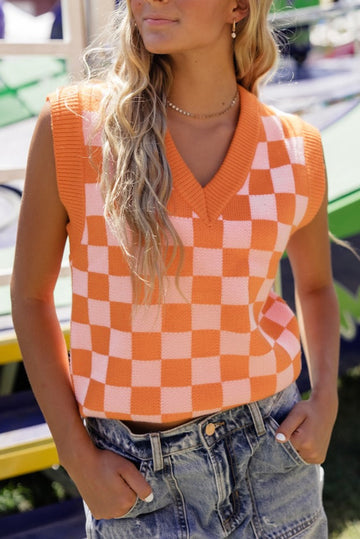 Checkered V Neck Knitted Sweater Vest