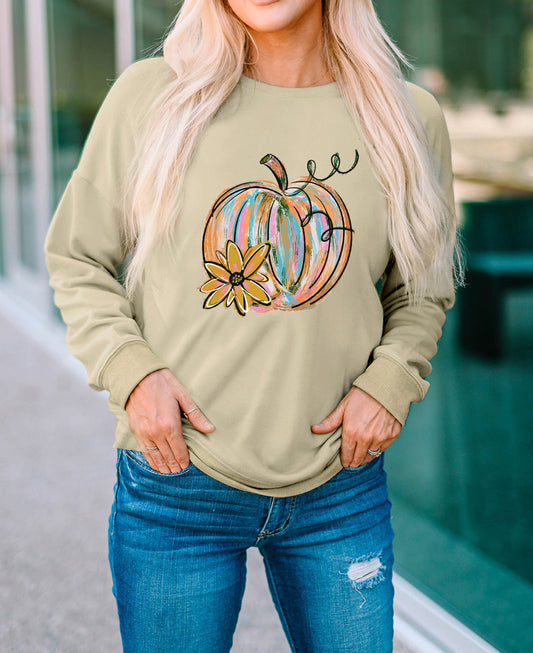 Pumpkin Flower Print Pullover Sweatshirt