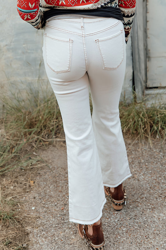 Light Washed Distressed Slits Button Fly Flare Jeans