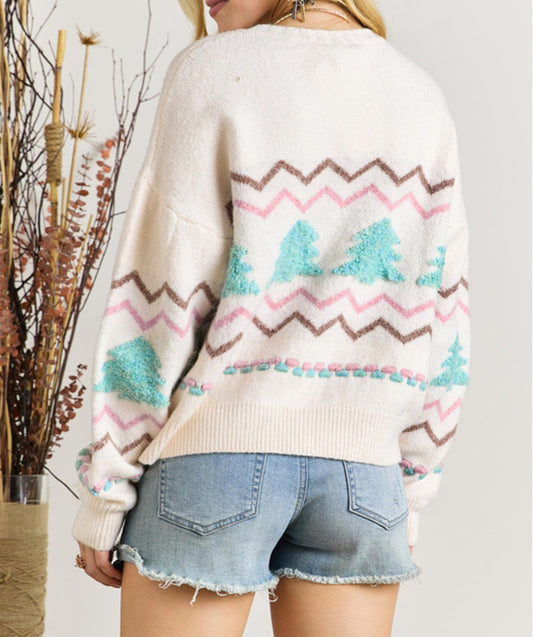 Striped Christmas Tree Ribbed Trim Drop Shoulder Sweater