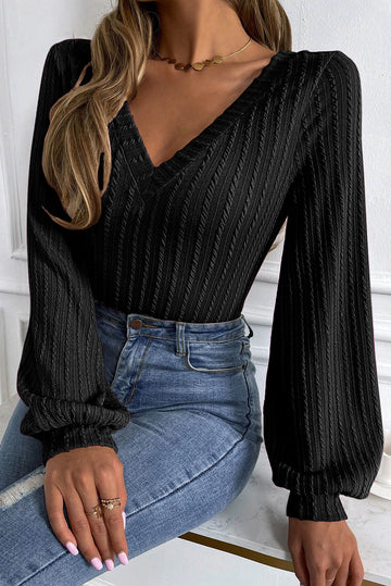 Knitted Jacquard V Neck Lantern Sleeve Top