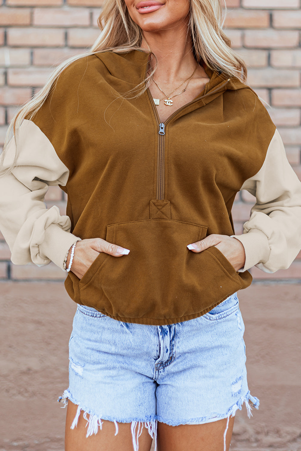 Block Half Zip Kangaroo Pocketed Hoodie