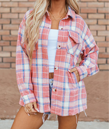 Pink Plaid Flap Pocket Button Up Shacket