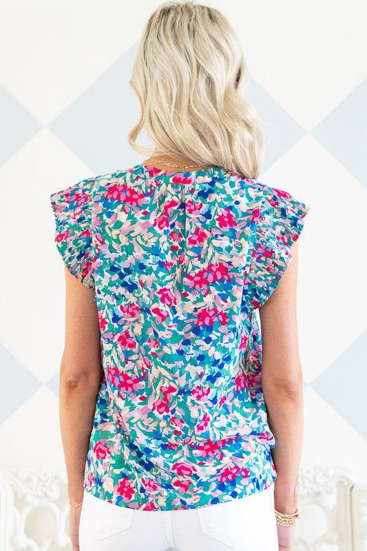 Pleated Flutter Sleeve Tie V Neck Floral Blouse