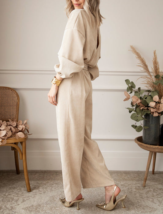 Keyhole Back V Neck Tie Waist Loose Jumpsuit
