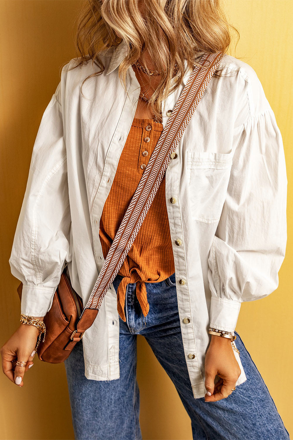 Drop Shoulder Bubble Sleeve Pocketed Shirt