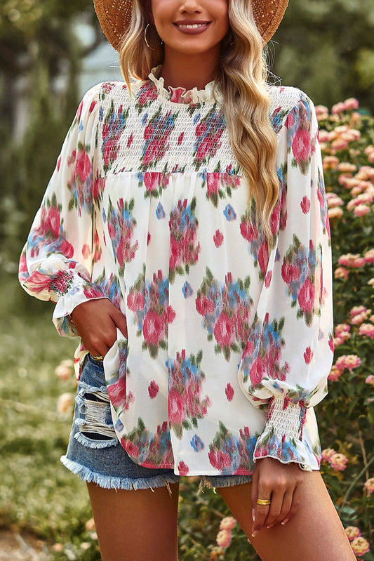 Floral Smocked Long Sleeve Frill High Neck Blouse