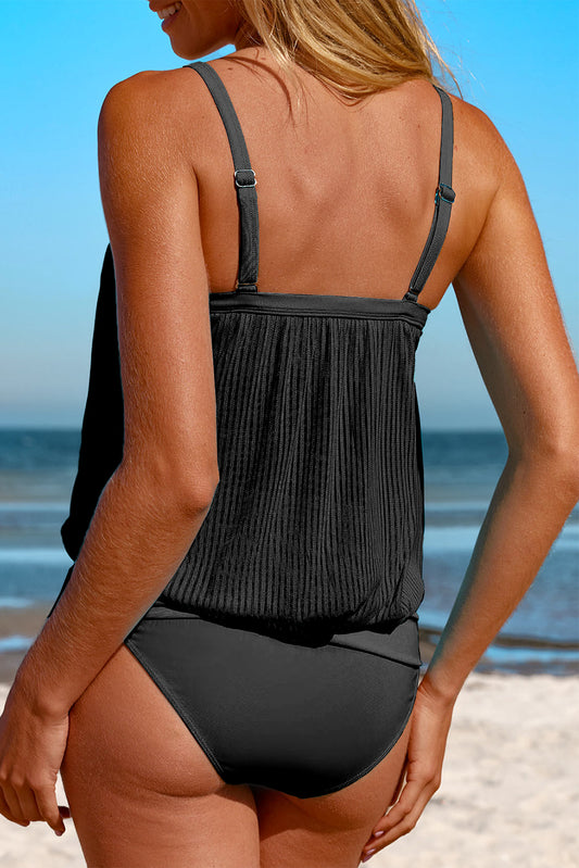Striped Mesh Knotted Hem Tankini Swimsuit