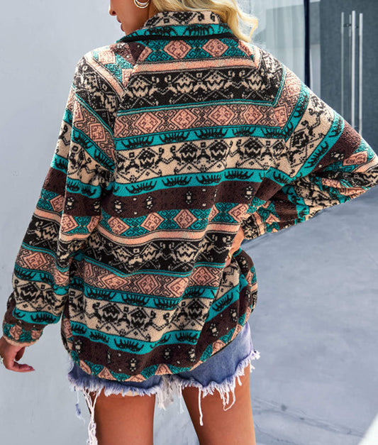 Western Colorblock Snap Buttoned Sherpa Jacket