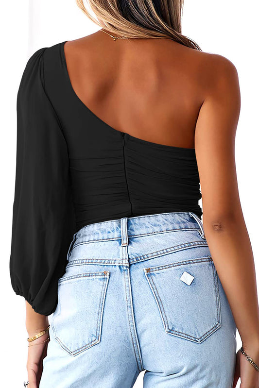 Black One Shoulder Mesh Long Sleeve Bodysuit
