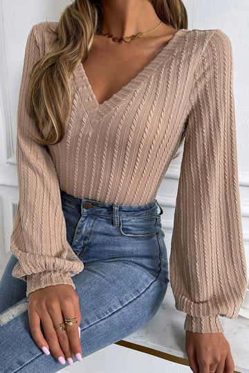 Khaki Solid Lantern Sleeve V Neck Tee