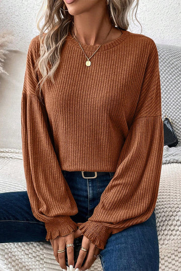 Ribbed Knit Drop Shoulder Ruffled Sleeve Textured Top