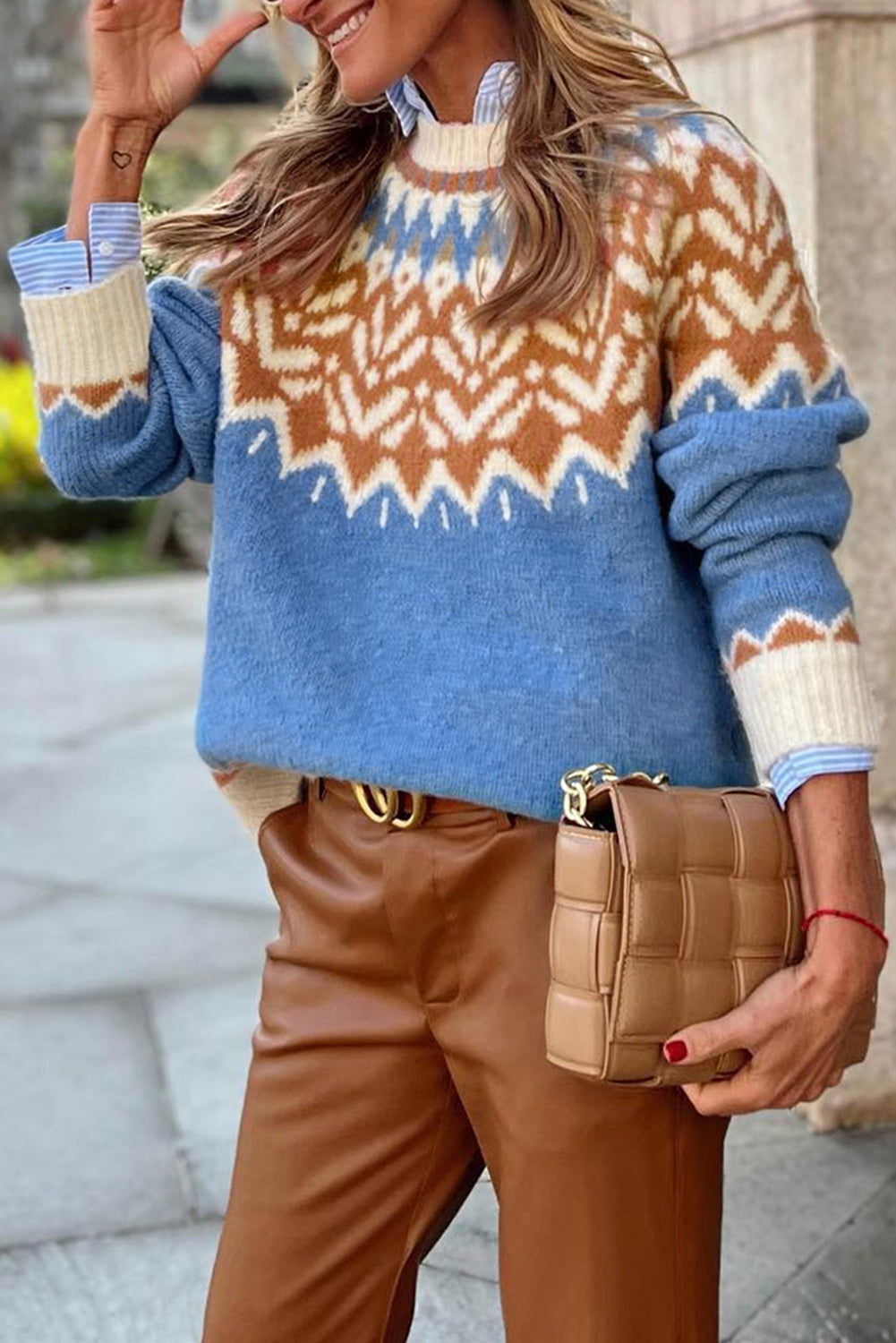 Geometric Print Ribbed Trim Sweater
