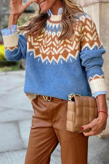 Geometric Print Ribbed Trim Sweater