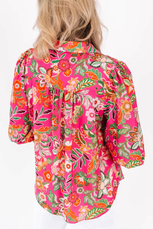 Floral Print Smocked Cuff Puff Sleeve Shirt