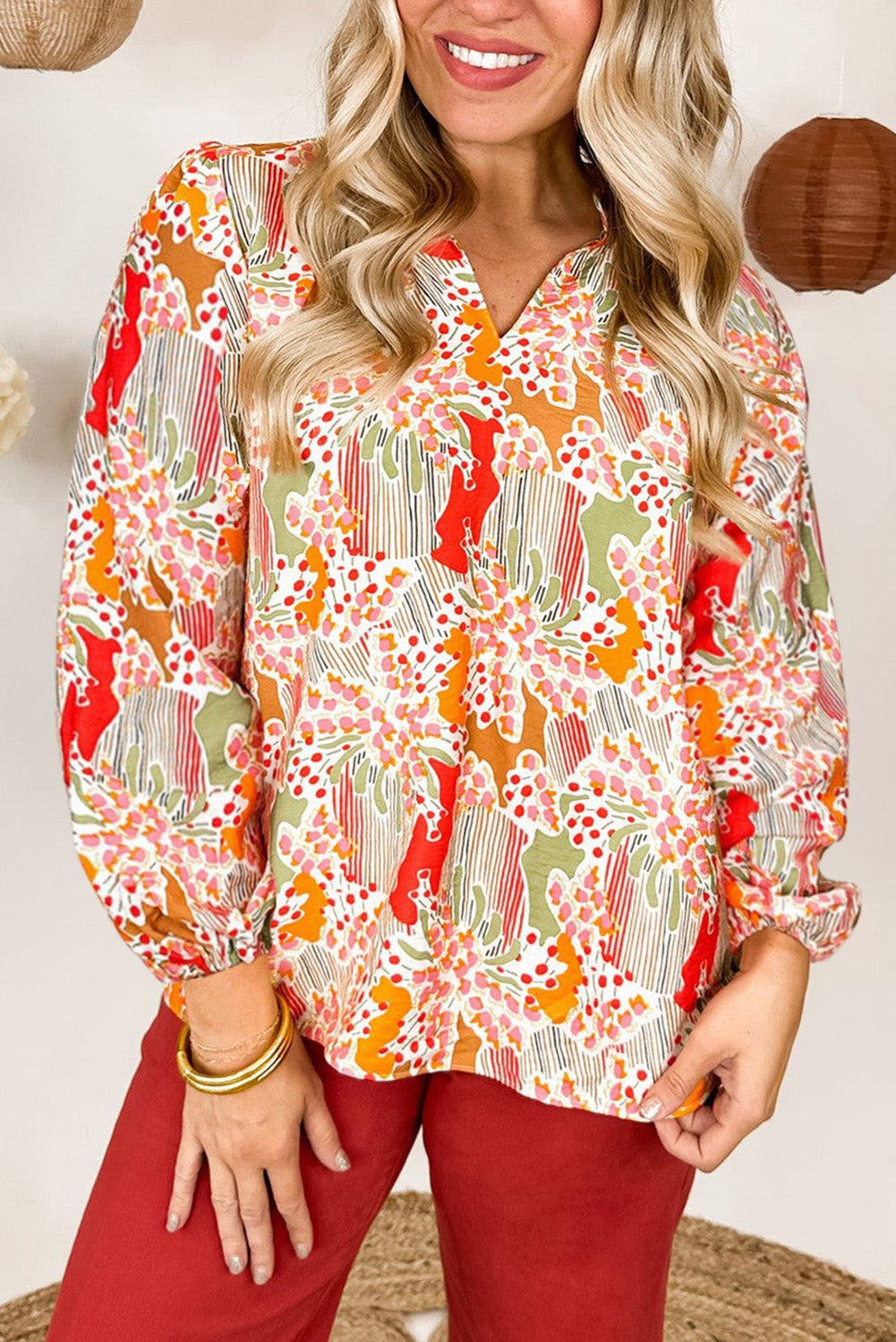Printed Split V Neck Puff Sleeve Blouse