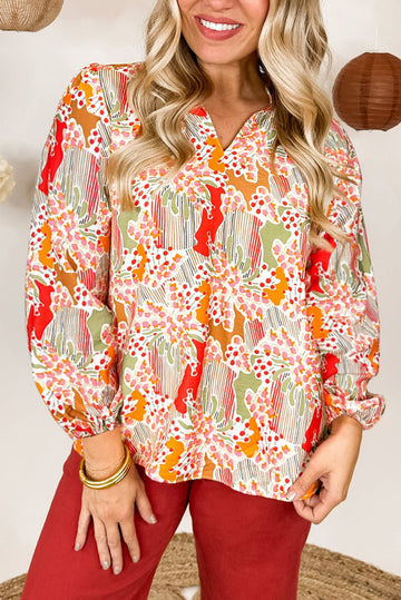Printed Split V Neck Puff Sleeve Blouse