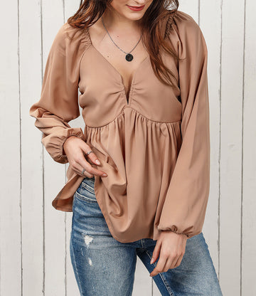 Notched V-Neck Smocked Back Peplum Blouse