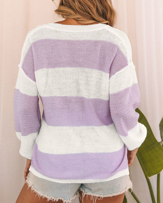 Striped Knit Button Ribbed Split Neck Sweater