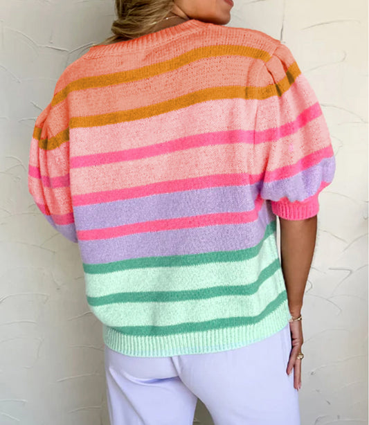 Colorful Stripe Bubble Short Sleeve Sweater