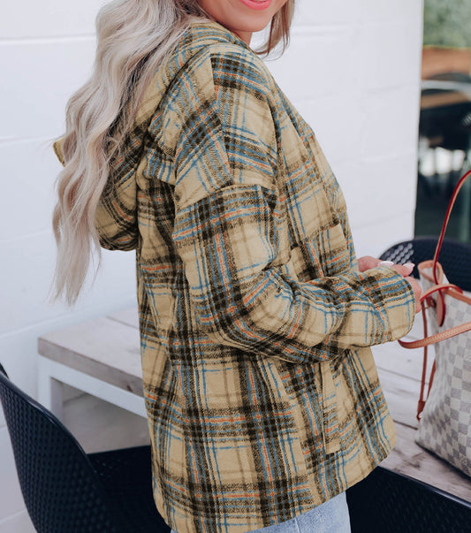 Plaid Button Neck Pocketed Pullover Hoodie