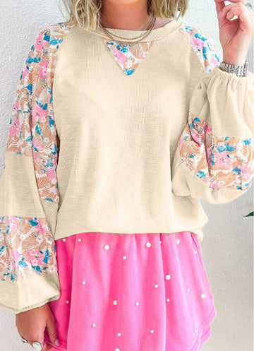 Apricot Textured Floral Patchwork Balloon Sleeve Blouse